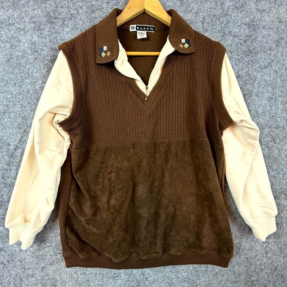 Vintage BLAST Sweater‎ Mens Medium Beige Brown Faux Suede Hippie Retro 1/4 Zip